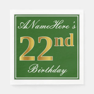 Servilleta De Papel Elegante Verde, Faux Gold 22 cumpleaños + nombre