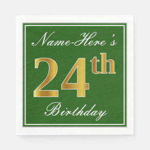 Servilleta De Papel Elegante Verde, Faux Gold 24th Birthday + Nombre