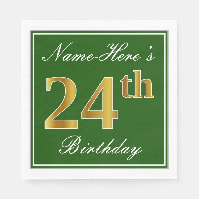 Servilleta De Papel Elegante Verde, Faux Gold 24th Birthday + Nombre (Anverso)