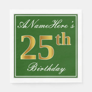 Servilleta De Papel Elegante Verde, Faux Gold 25th Birthday + Nombre