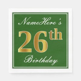 Servilleta De Papel Elegante Verde, Faux Gold 26th Birthday + Nombre