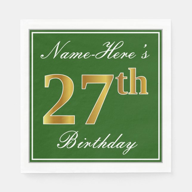 Servilleta De Papel Elegante Verde, Faux Gold 27th Birthday + Nombre (Anverso)