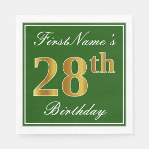 Servilleta De Papel Elegante Verde, Faux Gold 28th Birthday + Nombre