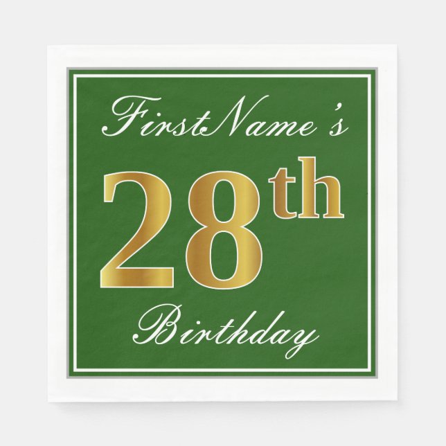 Servilleta De Papel Elegante Verde, Faux Gold 28th Birthday + Nombre (Anverso)