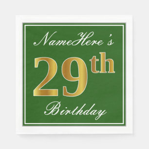 Servilleta De Papel Elegante Verde, Faux Gold 29th Birthday + Nombre