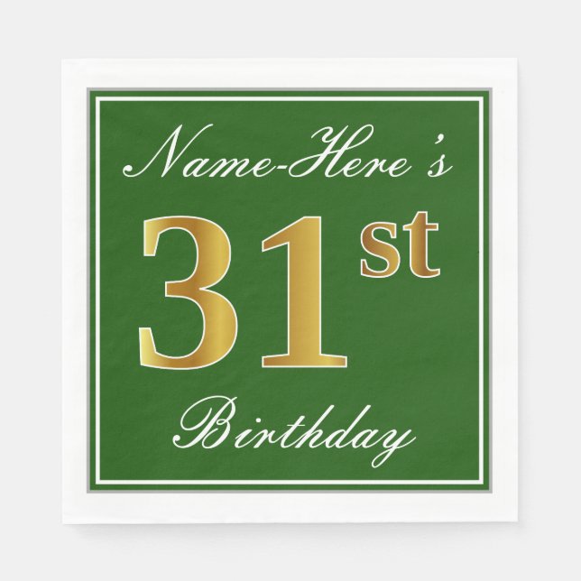 Servilleta De Papel Elegante Verde, Faux Gold 31st Birthday + Nombre (Anverso)
