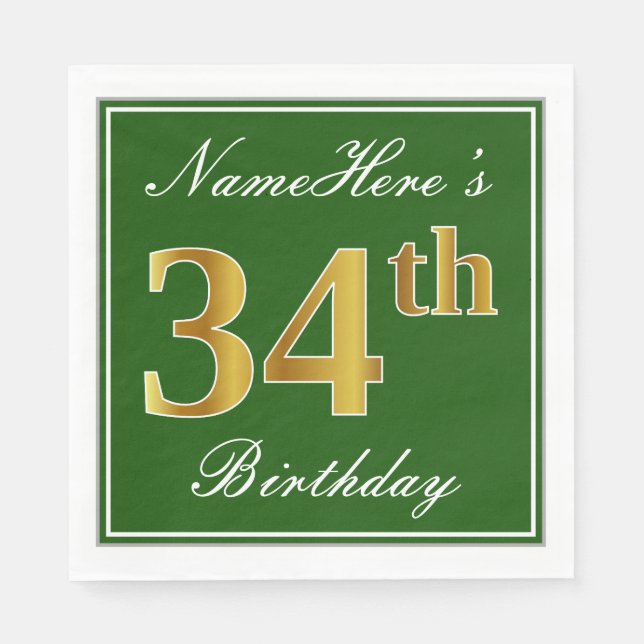 Servilleta De Papel Elegante Verde, Faux Gold 34th Birthday + Nombre (Anverso)