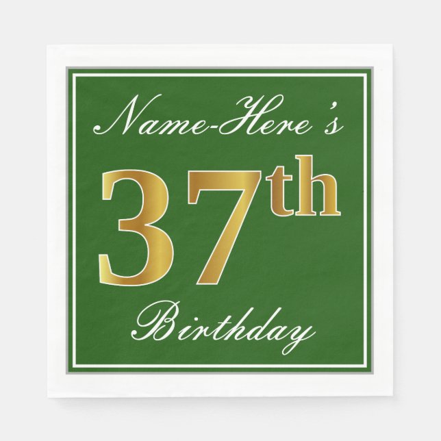 Servilleta De Papel Elegante Verde, Faux Gold 37th Birthday + Nombre (Anverso)