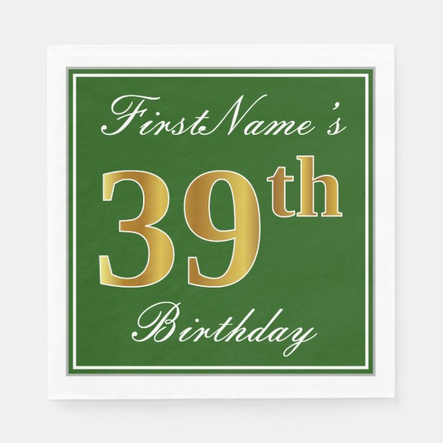 Servilleta De Papel Elegante Verde, Faux Gold 39th Birthday + Nombre (Anverso)
