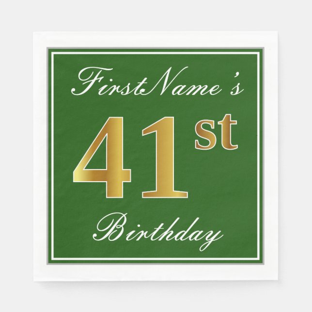 Servilleta De Papel Elegante Verde, Faux Gold 41st Birthday + Nombre (Anverso)