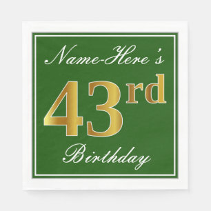 Servilleta De Papel Elegante Verde, Faux Gold 43 cumpleaños + nombre