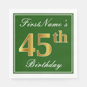Servilleta De Papel Elegante Verde, Faux Gold 45th Birthday + Nombre