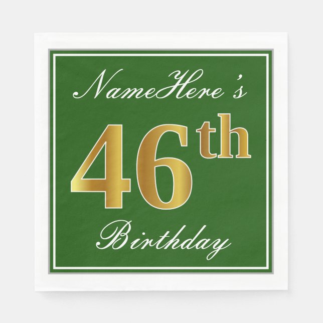 Servilleta De Papel Elegante Verde, Faux Gold 46th Birthday + Nombre (Anverso)