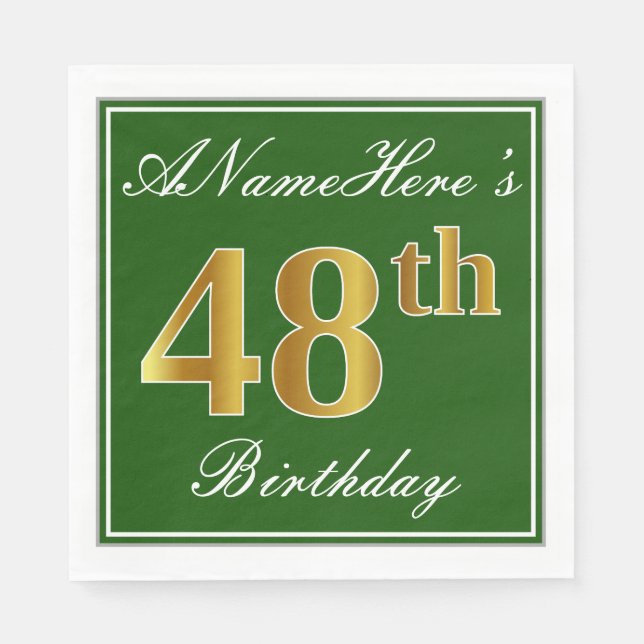 Servilleta De Papel Elegante Verde, Faux Gold 48th Birthday + Nombre (Anverso)
