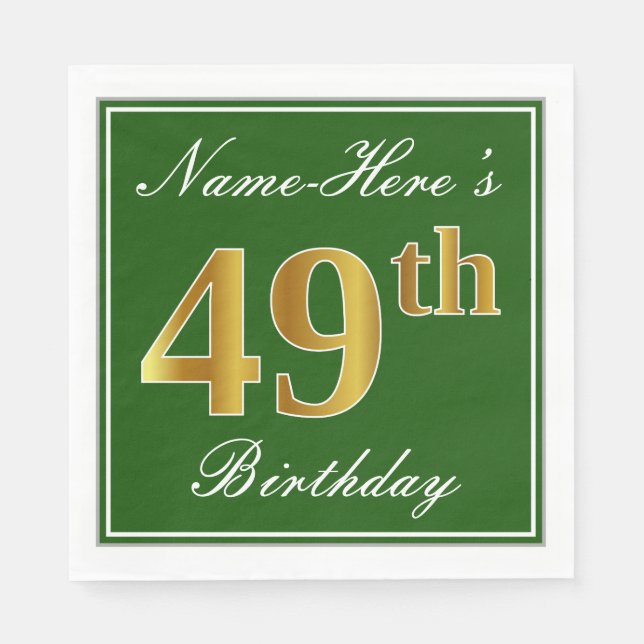 Servilleta De Papel Elegante Verde, Faux Gold 49th Birthday + Nombre (Anverso)