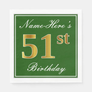Servilleta De Papel Elegante Verde, Faux Gold 51st Birthday + Nombre