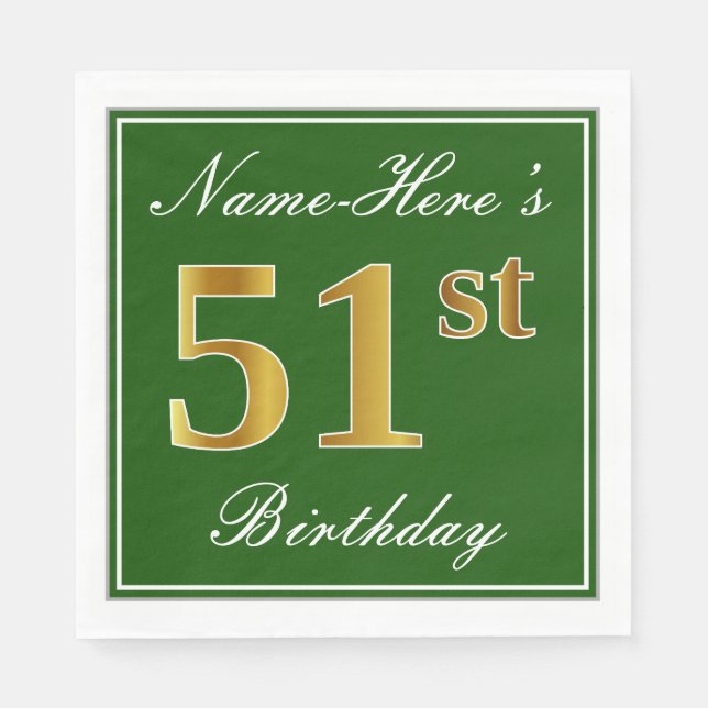 Servilleta De Papel Elegante Verde, Faux Gold 51st Birthday + Nombre (Anverso)