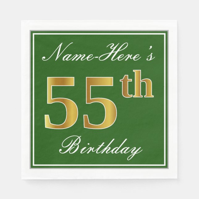 Servilleta De Papel Elegante Verde, Faux Gold 55th Birthday + Nombre (Anverso)