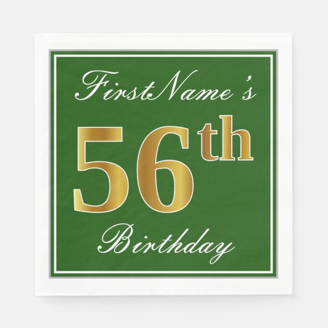 Servilleta De Papel Elegante Verde, Faux Gold 56th Birthday + Nombre (Anverso)