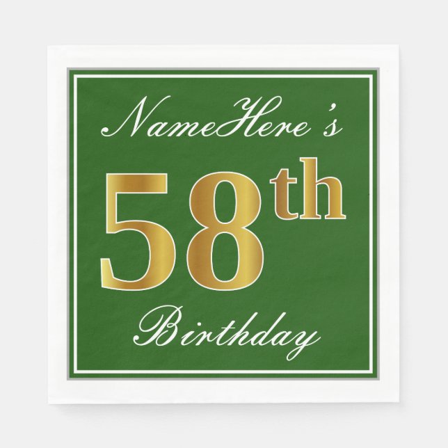 Servilleta De Papel Elegante Verde, Faux Gold 58th Birthday + Nombre (Anverso)