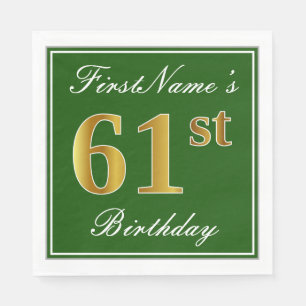Servilleta De Papel Elegante Verde, Faux Gold 61st Birthday + Nombre