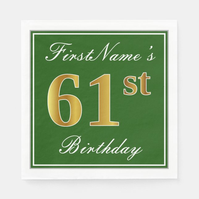 Servilleta De Papel Elegante Verde, Faux Gold 61st Birthday + Nombre (Anverso)