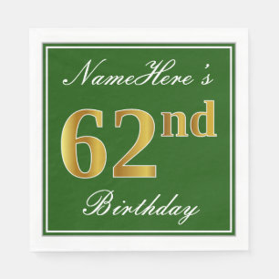 Servilleta De Papel Elegante Verde, Faux Gold 62 cumpleaños + nombre