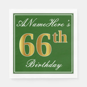 Servilleta De Papel Elegante Verde, Faux Gold 66th Birthday + Nombre