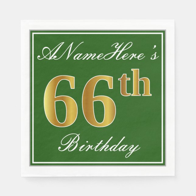 Servilleta De Papel Elegante Verde, Faux Gold 66th Birthday + Nombre (Anverso)