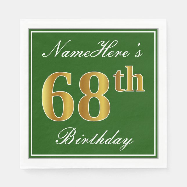 Servilleta De Papel Elegante Verde, Faux Gold 68th Birthday + Nombre (Anverso)