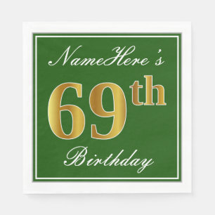 Servilleta De Papel Elegante Verde, Faux Gold 69th Birthday + Nombre