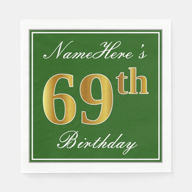 Servilleta De Papel Elegante Verde, Faux Gold 69th Birthday + Nombre (Anverso)