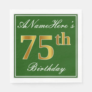Servilleta De Papel Elegante Verde, Faux Gold 75th Birthday + Nombre