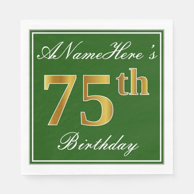 Servilleta De Papel Elegante Verde, Faux Gold 75th Birthday + Nombre (Anverso)
