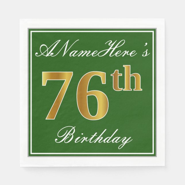 Servilleta De Papel Elegante Verde, Faux Gold 76th Birthday + Nombre (Anverso)