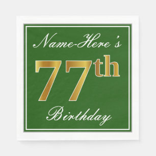 Servilleta De Papel Elegante Verde, Faux Gold 77th Birthday + Nombre