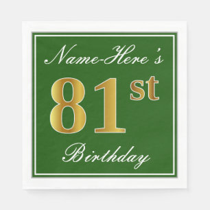 Servilleta De Papel Elegante Verde, Faux Gold 81st Birthday + Nombre