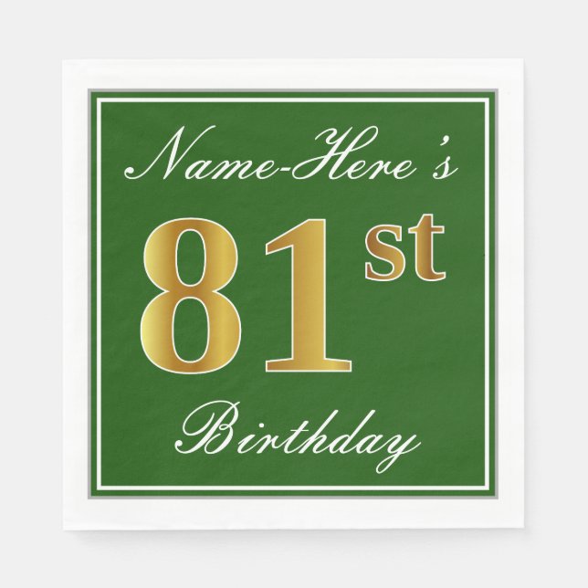 Servilleta De Papel Elegante Verde, Faux Gold 81st Birthday + Nombre (Anverso)