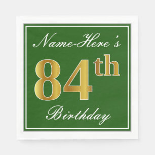 Servilleta De Papel Elegante Verde, Faux Gold 84th Birthday + Nombre