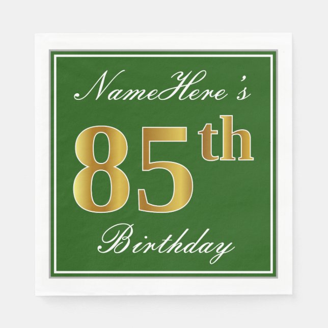 Servilleta De Papel Elegante Verde, Faux Gold 85th Birthday + Nombre (Anverso)