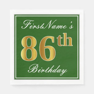 Servilleta De Papel Elegante Verde, Faux Gold 86th Birthday + Nombre