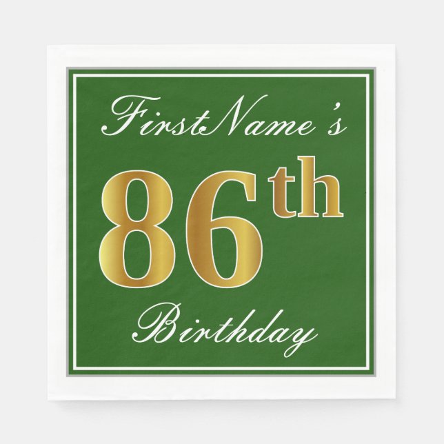 Servilleta De Papel Elegante Verde, Faux Gold 86th Birthday + Nombre (Anverso)