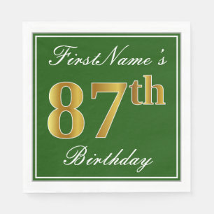 Servilleta De Papel Elegante Verde, Faux Gold 87th Birthday + Nombre