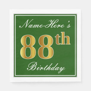 Servilleta De Papel Elegante Verde, Faux Gold 88th Birthday + Nombre