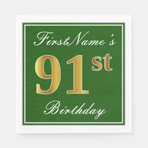 Servilleta De Papel Elegante Verde, Faux Gold 91st Birthday + Nombre