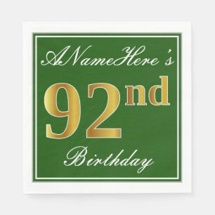 Servilleta De Papel Elegante Verde, Faux Gold 92nd Birthday + Nombre