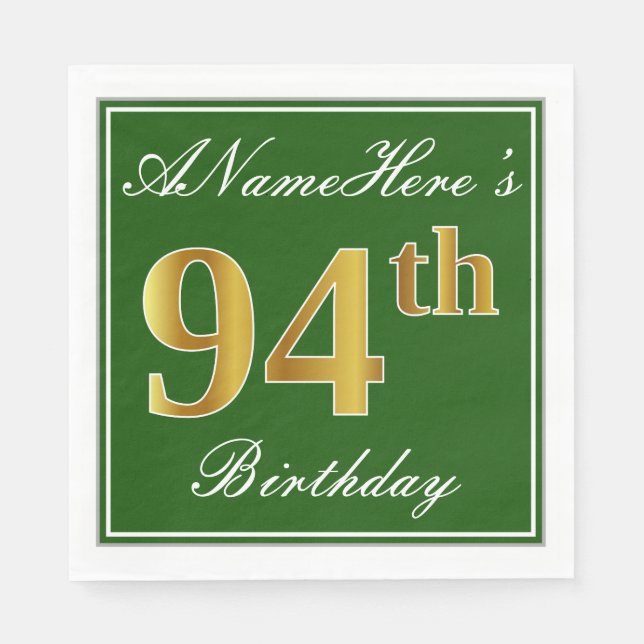 Servilleta De Papel Elegante Verde, Faux Gold 94th Birthday + Nombre (Anverso)