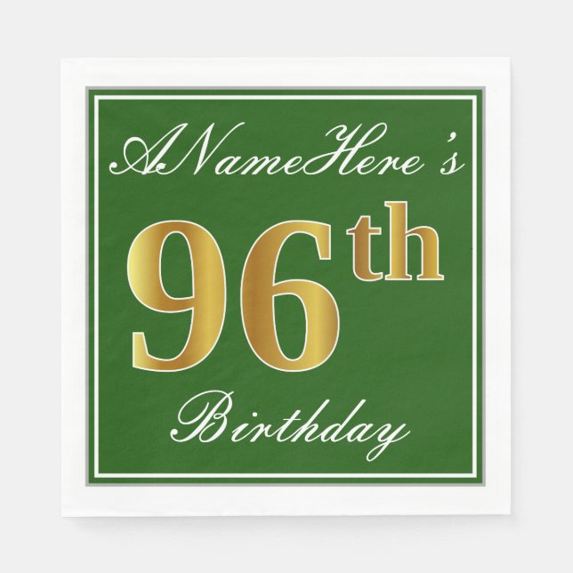 Servilleta De Papel Elegante Verde, Faux Gold 96th Birthday + Nombre (Anverso)