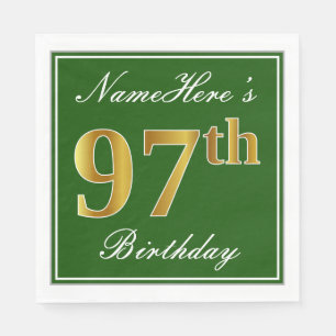 Servilleta De Papel Elegante Verde, Faux Gold 97th Birthday + Nombre