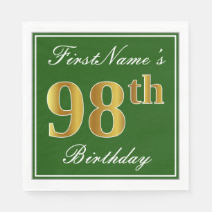 Servilleta De Papel Elegante Verde, Faux Gold 98th Birthday + Nombre